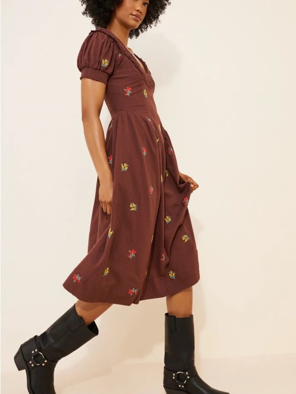 NWT Free People Maisie Midi Dress Chocolate Brown Embroidered Midi Dress